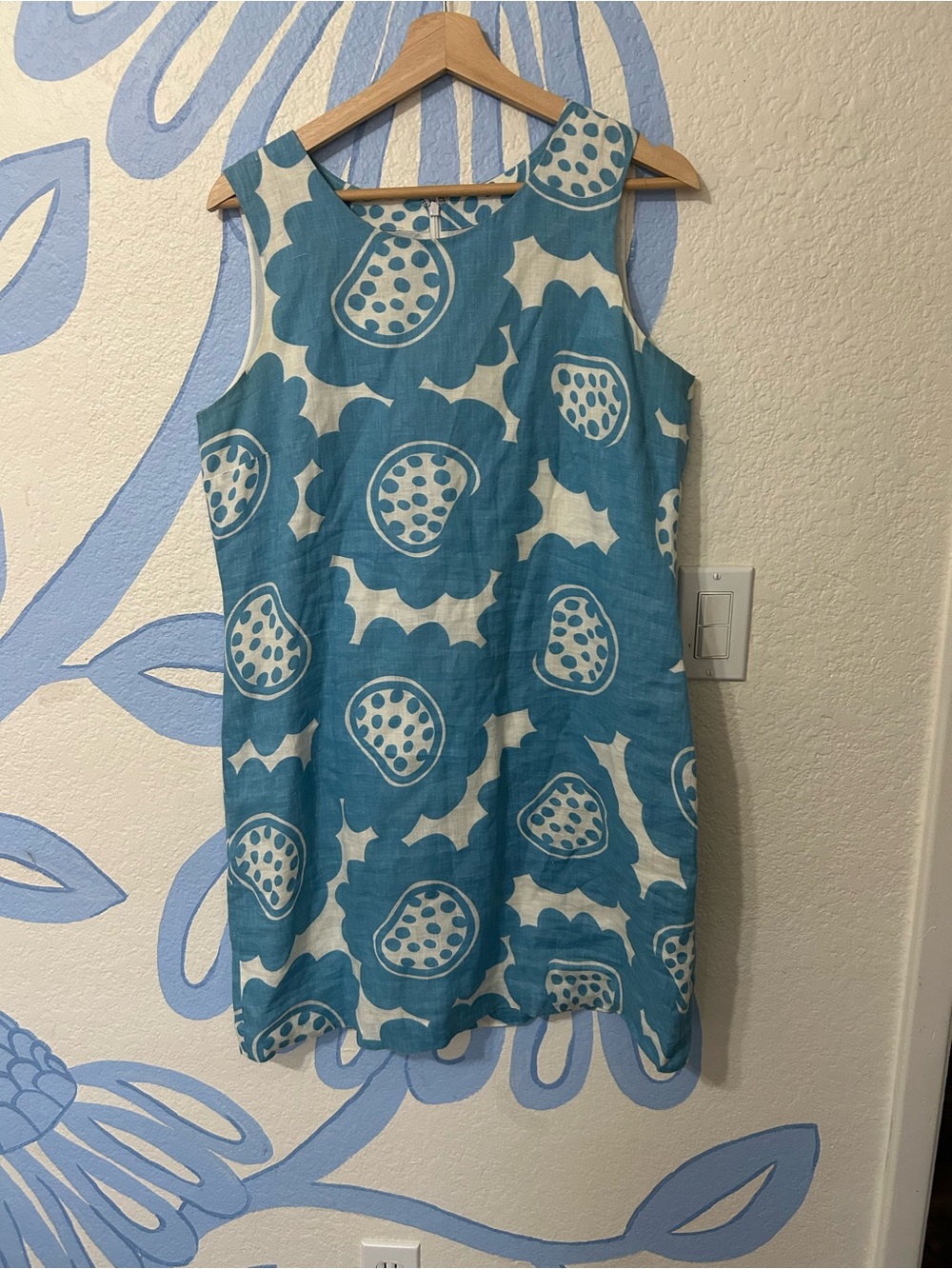 Island Company 100% Linen Classic Shift Dress Blue White Abstract Floral